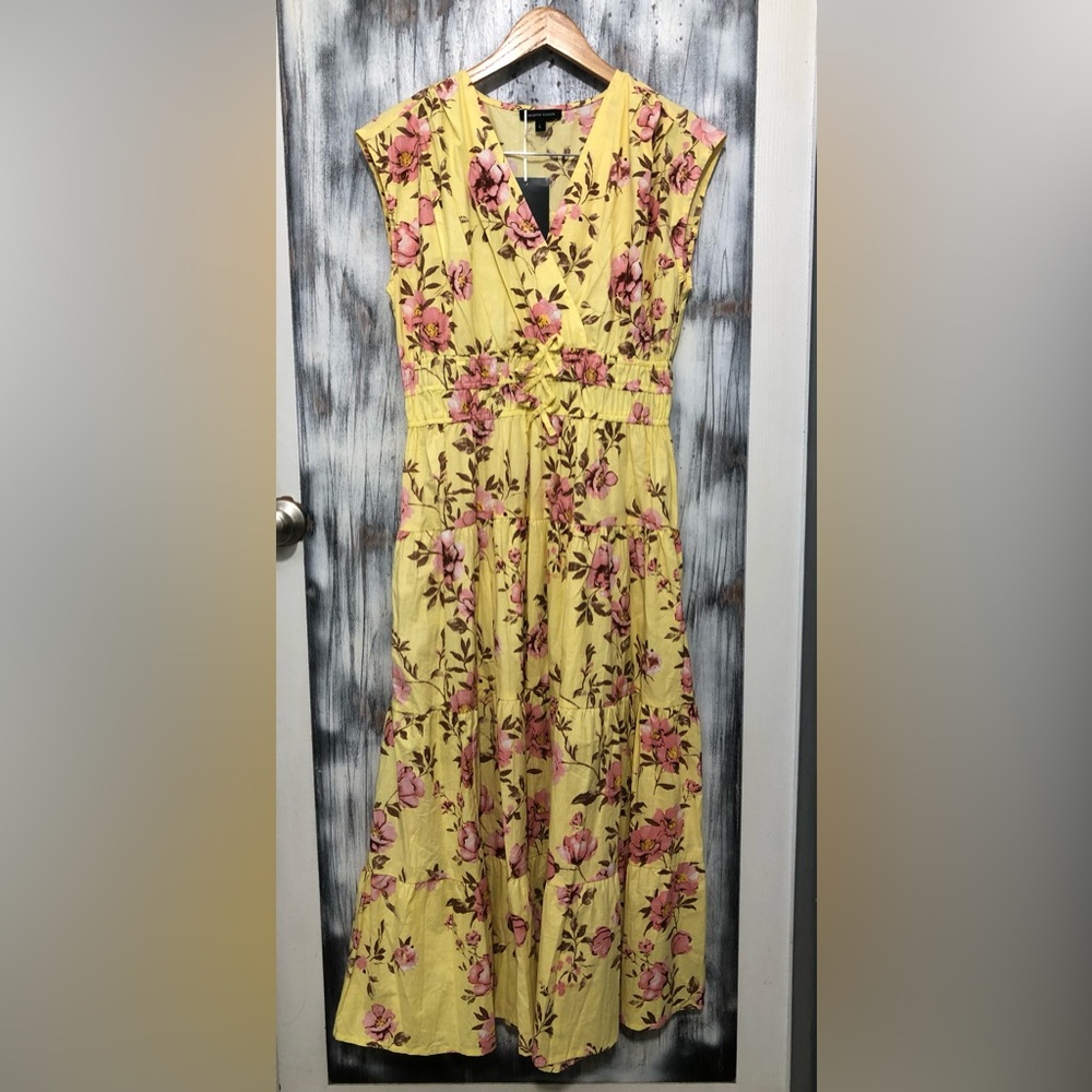 MEADOW RHODES Yellow Pink Floral V-neck Maxi Dress Size L NWT